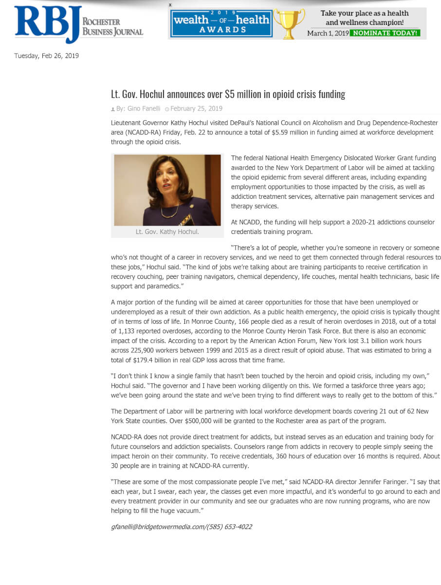 Lt. Gov. Hochul announces over $5 million in opioid crisis funding _ Rochester Business Journal