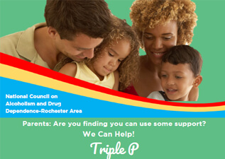 Two parents and two children on green background with white font