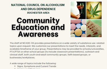 Flyer with large black letters 'Community Education and Awareness' and photo grid of related classes