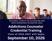 Flyer text for Addictions Counselor Credential Training beginning September 10, 2026. Top banner is photo of students learning.
