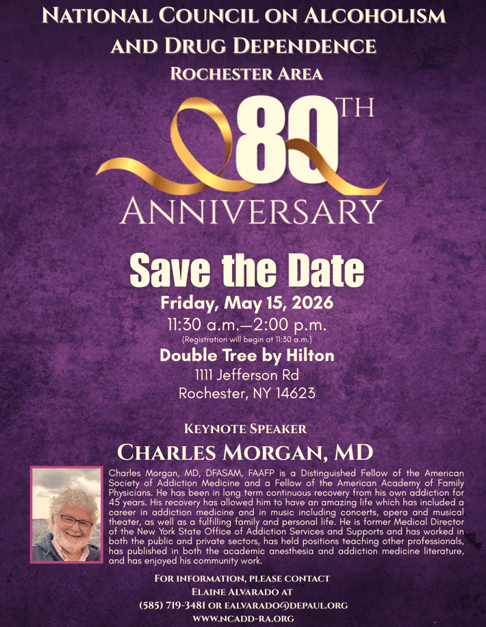 Flyer with save the date details for the 80th Anniversary NCADD-RA luncheon. Purple background with text and photo of man.
