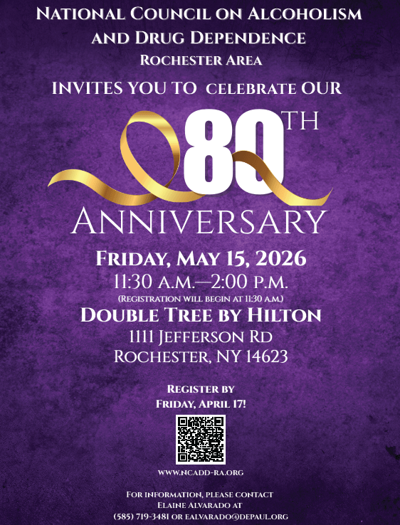 Purple flyer for the NCADD-RA 80th Anniversary Luncheon. QR code at the bottom of flyer.