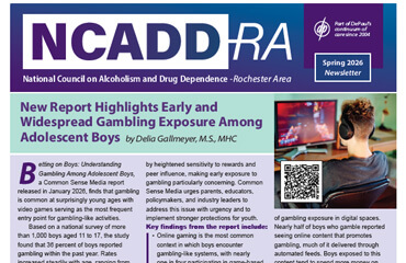 Cover of NCADD-RA Spring 2026 Newsletter. Logo at top with article text, photo of teen gambling and QR code.