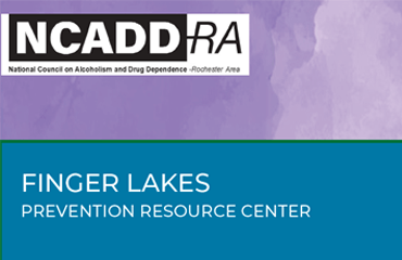 Purple background with NCADD-RA logo. Finger Lakes Prevention Resource Center below on blue background.