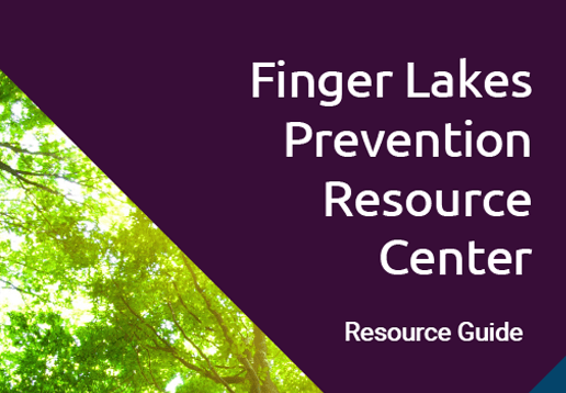 Finger Lakes Prevention Resource Center Resource Guide on purple background. Green tree in lower left corner.