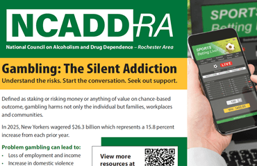 Gambling fact sheet with QR code. Green header with NCADD-RA logo and Gambling: The Silent Addiction on yellow background.