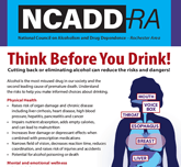 Purple and blue header with NCADD-RA logo. Think Before You Drink fact sheet with photo of labeled body parts on right.