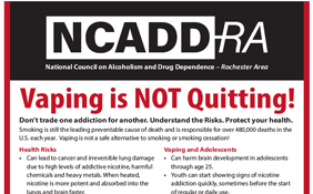 Black and white header with NCADD-RA logo. Vaping is NOT quitting fact sheet.